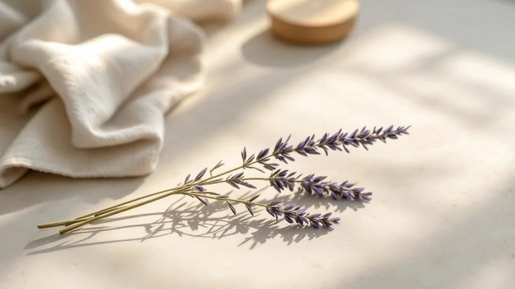 Lavender sprigs beside a folded towel on a soft neutral background