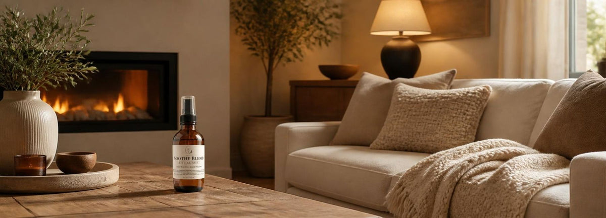 Willow Valley Wellness Ritual Mist in a warm luxury living room with natural wood, neutral décor and soft ambient lighting.