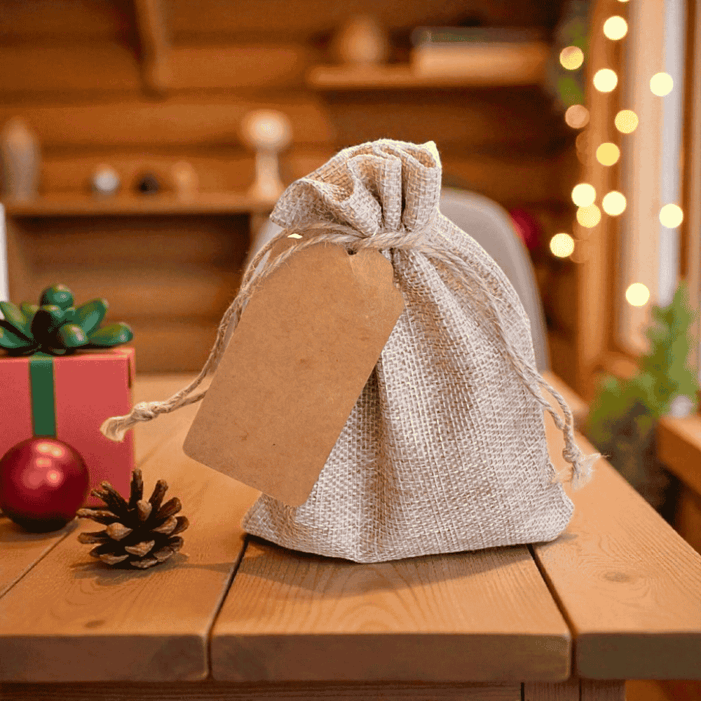 Simple Joy natural self-care gift set with lavender soap and roll-on in a burlap gift bag.
