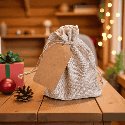Simple Joy natural self-care gift set with lavender soap and roll-on in a burlap gift bag.