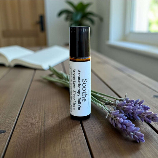 Soothe Roll-On with lavender, orange, and frankincense essential oils in a calming, citrusy aromatherapy blend