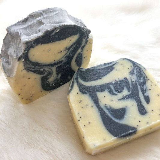Bar of Rejuvenate Soap with poppy seeds and activated charcoal for exfoliating and refreshing skin care